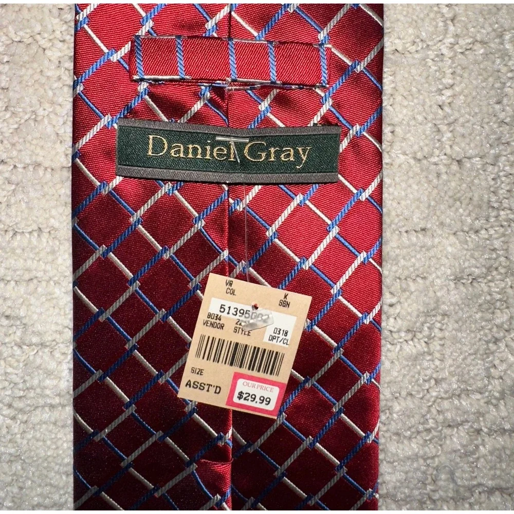 Daniel Gray Red Silk Tie Geometric Check Lattice Pattern Classic Business Weddin